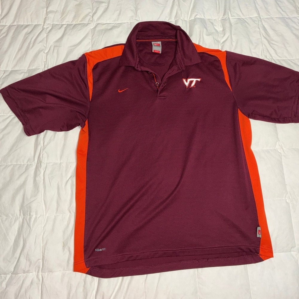 Nike Team Virginia Tech Hokies Polo Shirt Mens Large Maroon Orange Nike FIT Dry